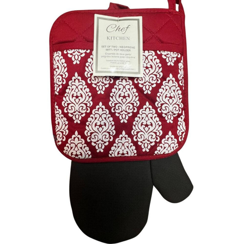 🔥 Chef Kitchen Oven Mitt & Pot Holder Set – Red Damask (Set of 2)